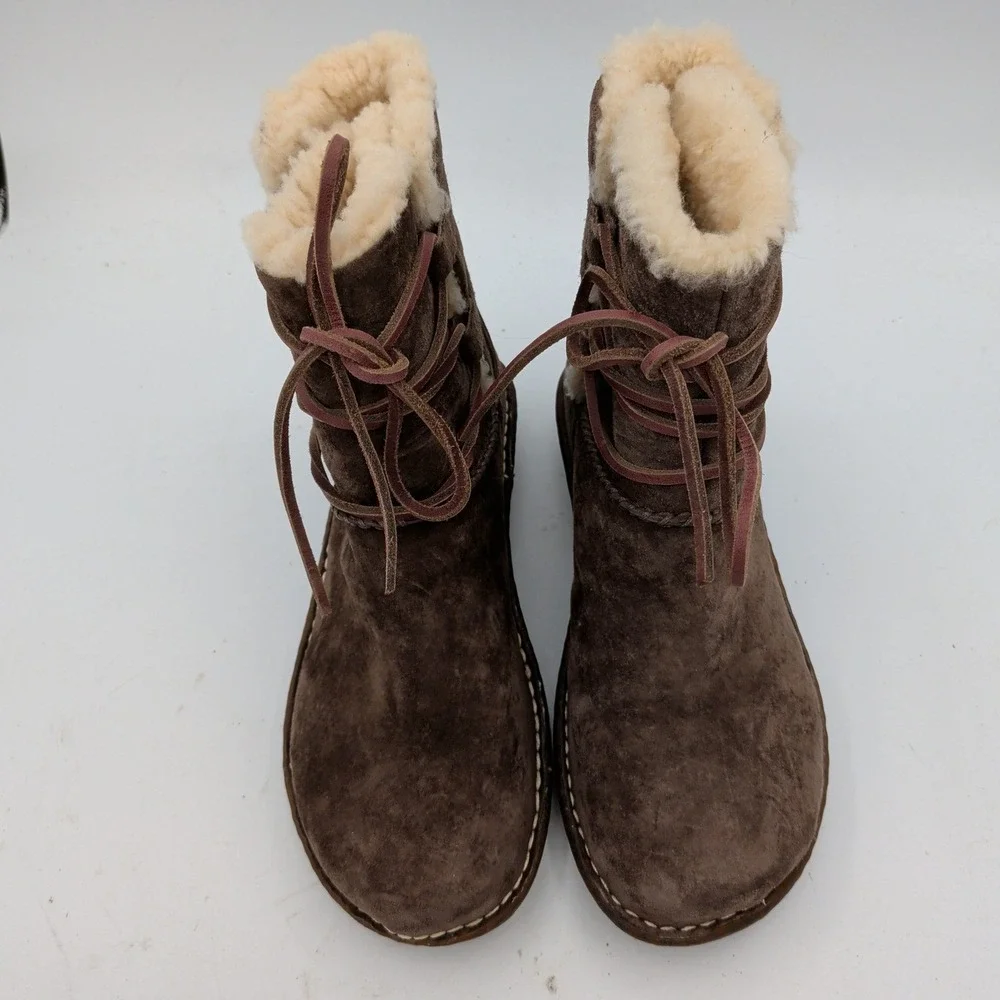 UGG Caspian Shearling 3335 Brown Suede Shearling Lace Up Mid Calf Boots Womens 7